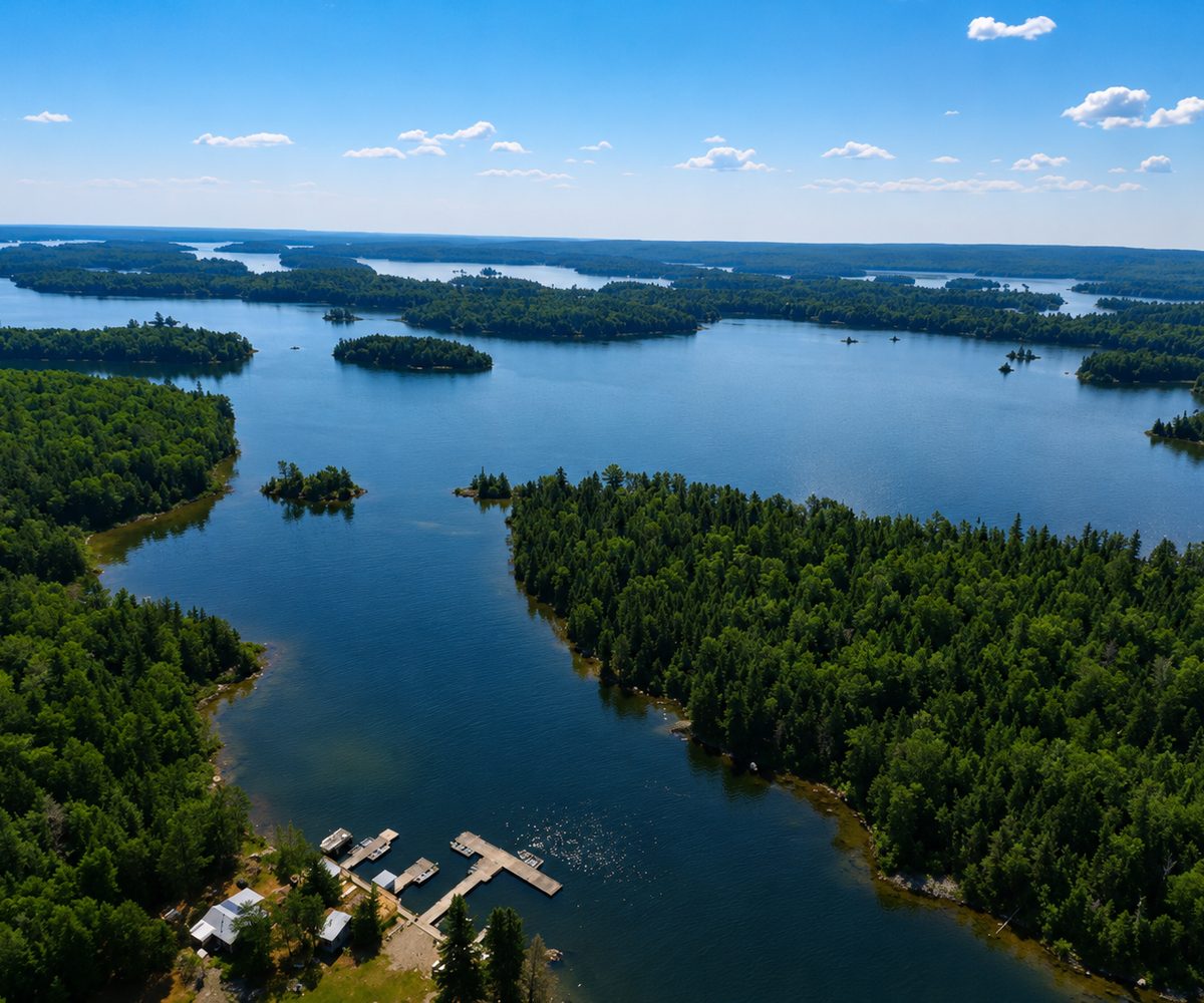 Aerial view of the camp's sheltered bay and docks on Rowan Lake