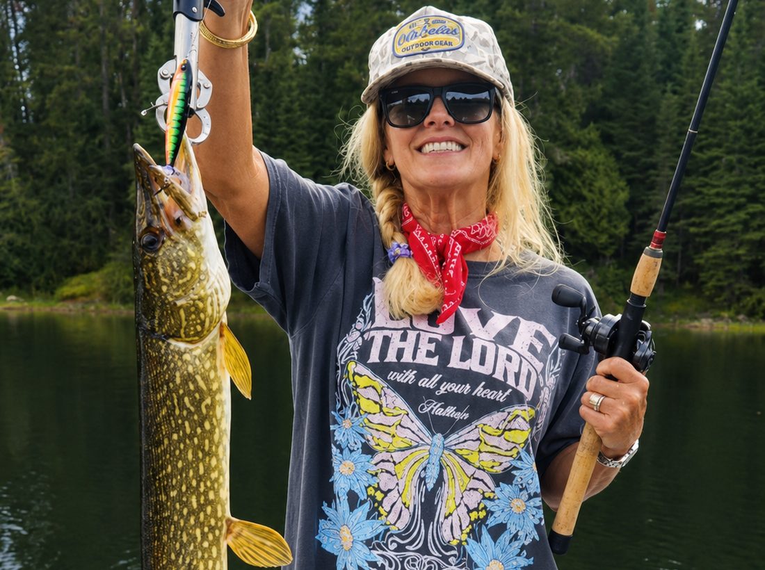 A smiling angler in the boat holding up a spotted northern pike